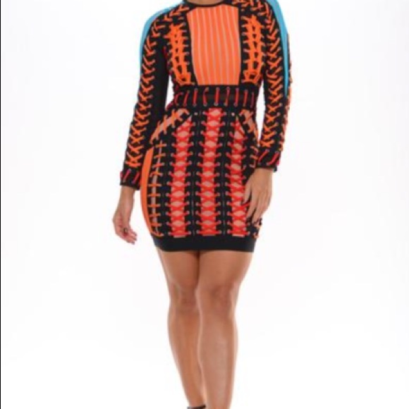Orange, red, blue, black strappy bandage dress - Picture 3 of 4